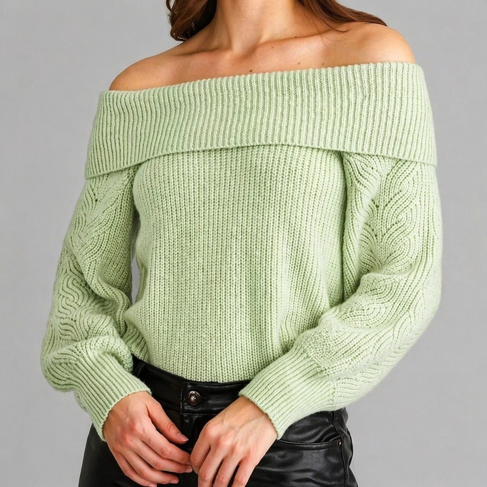 525 America NEW Marisa Mint Green Relaxed Off Shoulder Pullover Sweater SZ Large